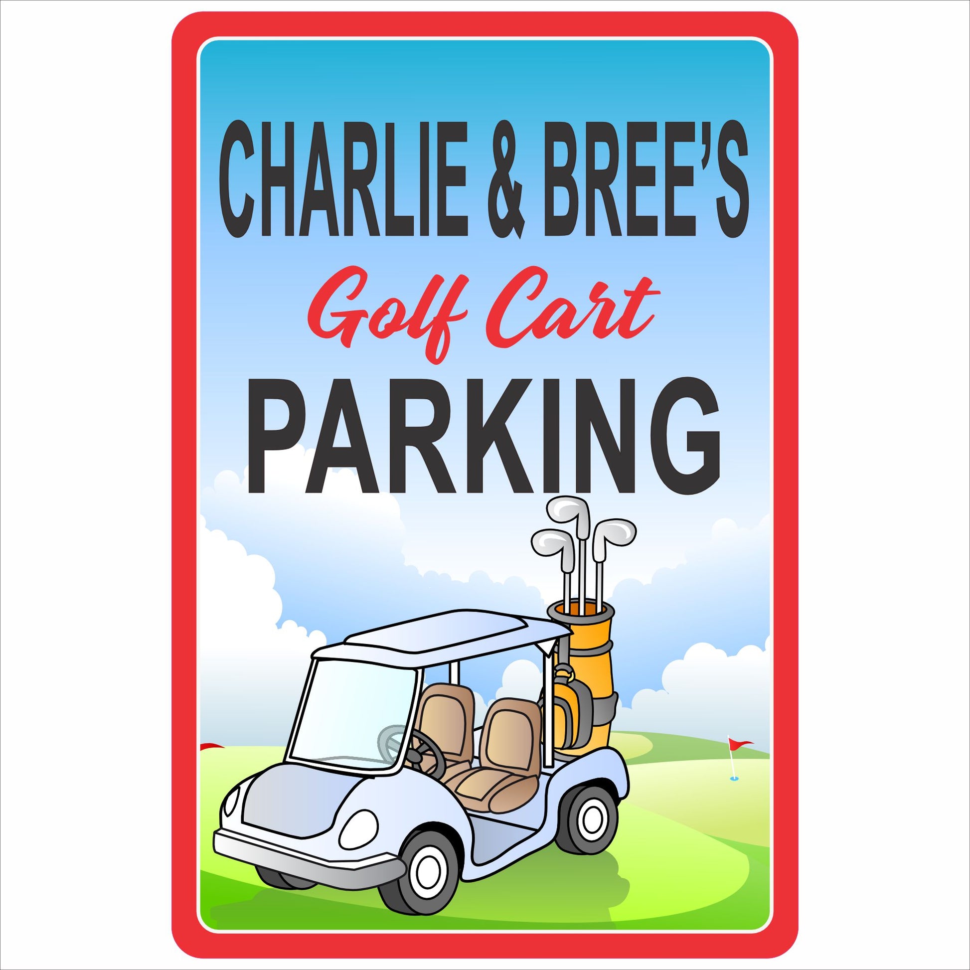 Personalized aluminum golf cart parking sign with custom name and editable text