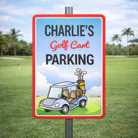 Personalized aluminum golf cart parking sign with all editable text mounted on a post at a golf course setting