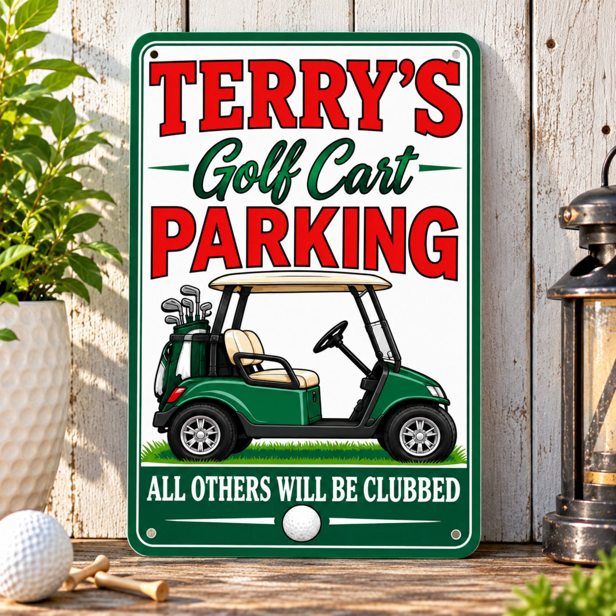 Personalized golf cart parking sign displayed in a bright golf-themed setting with golf balls and accessories.