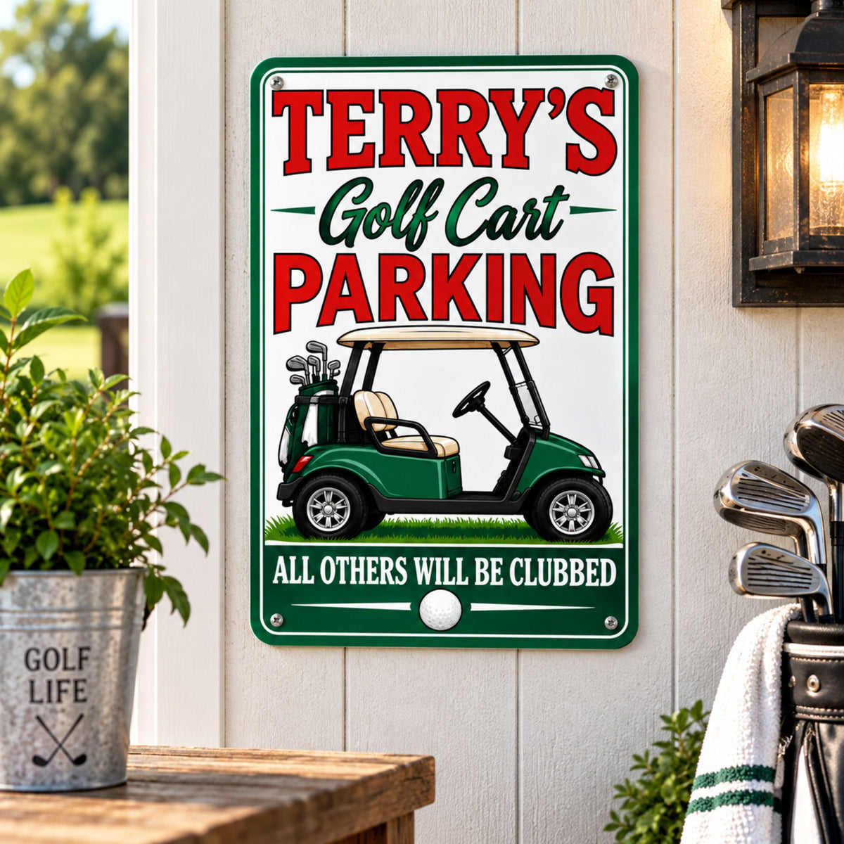 Personalized golf cart parking sign mounted on a bright wall beside golf clubs and golf-themed decor.