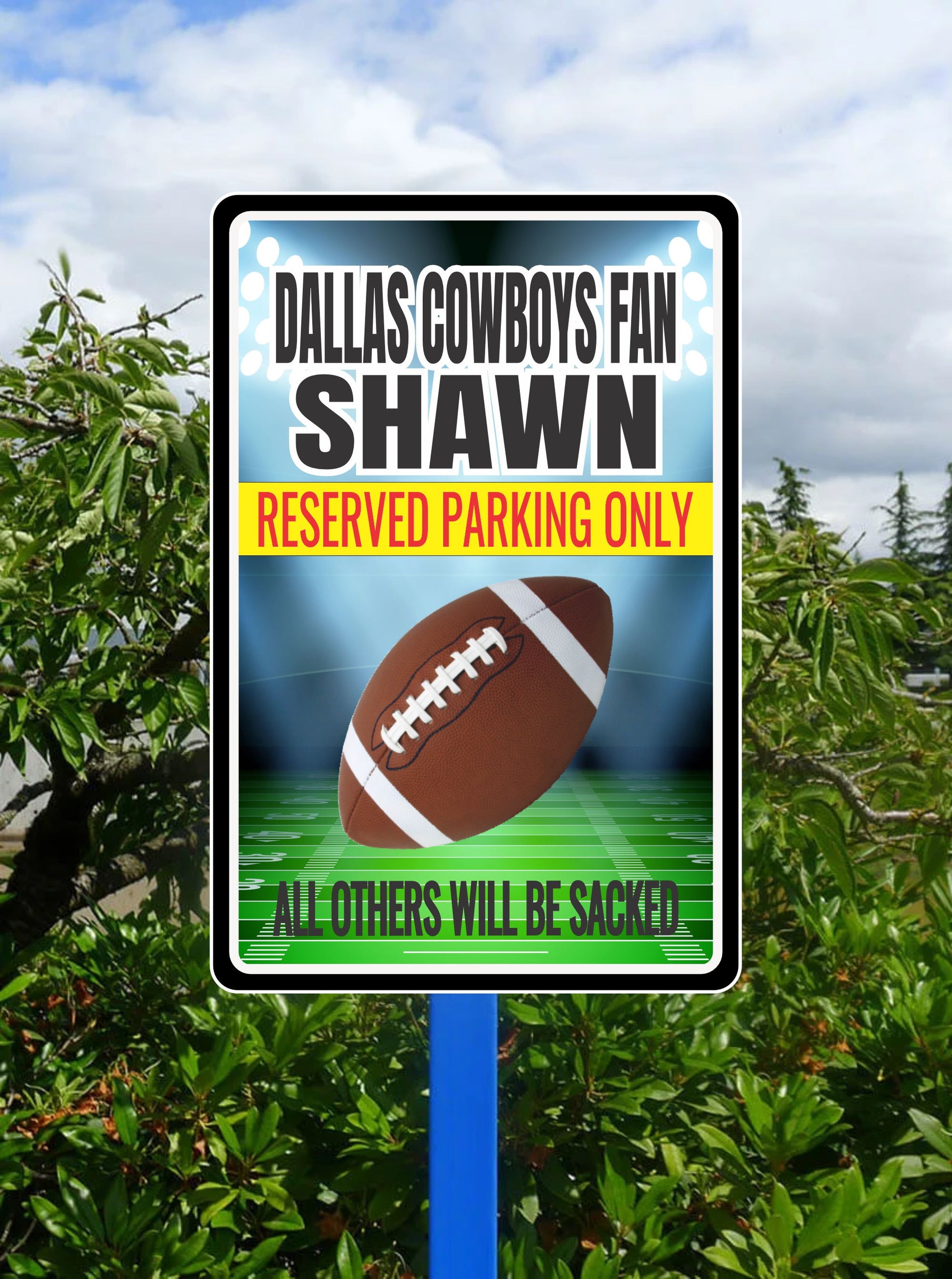 Personalized aluminum football parking sign with custom name, football graphic, and reserved parking message mounted on a pole outdoors