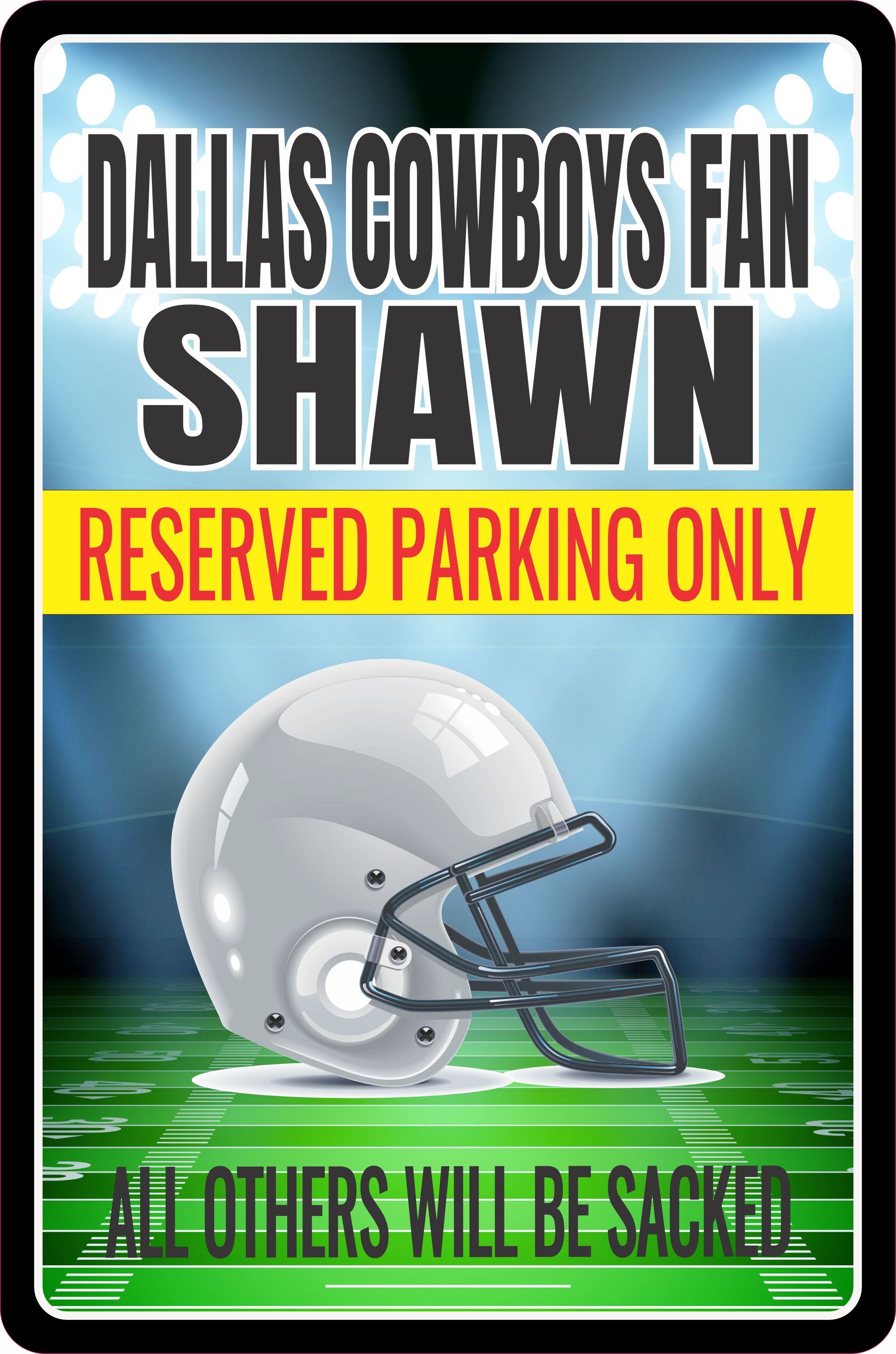 Personalized aluminum football parking sign with custom name and helmet graphic