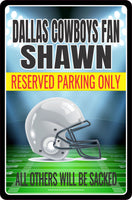 Personalized football parking sign with editable text, featuring a football field background, choice of football or helmet graphic, and customizable team colors.
