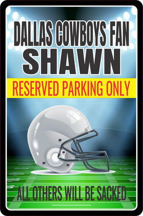 Personalized football parking sign with editable text, featuring a football field background, choice of football or helmet graphic, and customizable team colors.