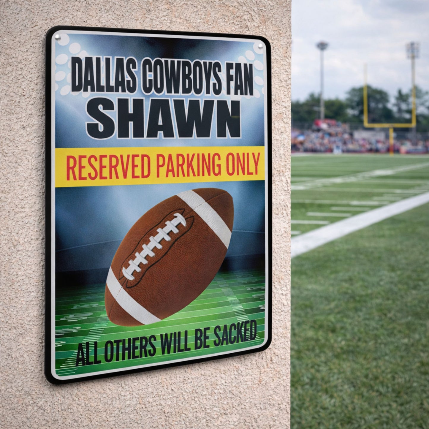 Custom aluminum football parking sign mounted outdoors showing a reserved sports parking area