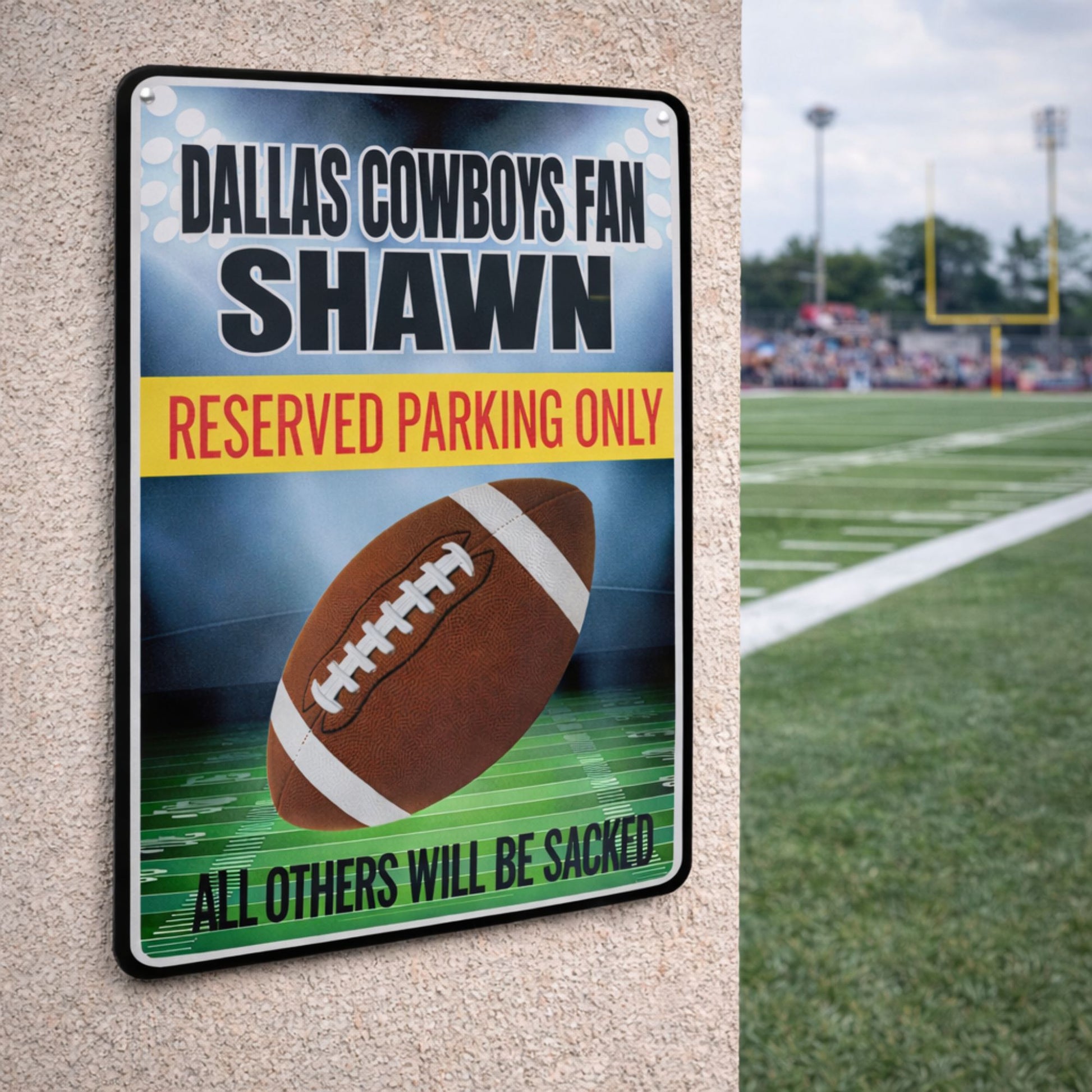 Custom aluminum football parking sign mounted outdoors showing a reserved sports parking area