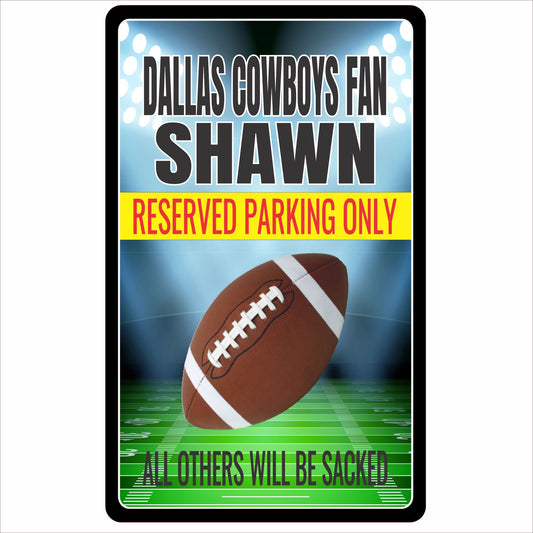 Personalized aluminum football parking sign with custom name and football graphic