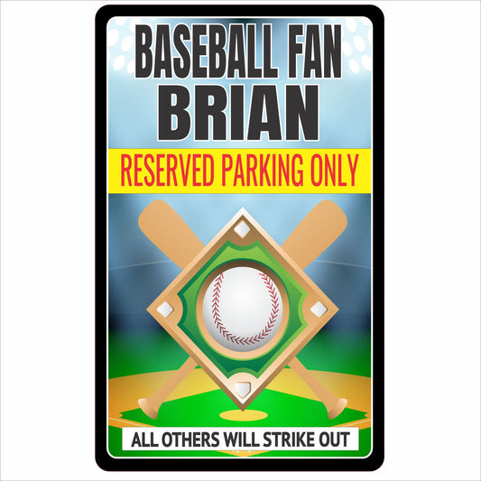 Personalized aluminum baseball fan reserved parking sign with crossed bats and baseball graphic