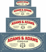 Vintage style personalized attorney at law sign with law scales and editable text, available in black or blue. Features humorous quotes, perfect for legal office decor or as a gift for attorneys.