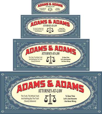 Vintage style personalized attorney at law sign with law scales and editable text, available in black or blue. Features humorous quotes, perfect for legal office decor or as a gift for attorneys.