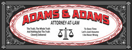 A vintage-style personalized attorney at law sign featuring law scales and a humorous quote, with a red and black color scheme and editable text for customization.