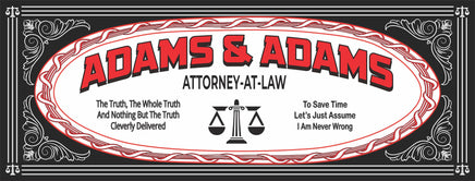 Vintage style personalized attorney at law sign with law scales and editable text, available in black or blue. Features humorous quotes, perfect for legal office decor or as a gift for attorneys.