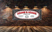 Vintage style personalized attorney at law sign with law scales and editable text, available in black or blue. Features humorous quotes, perfect for legal office decor or as a gift for attorneys.