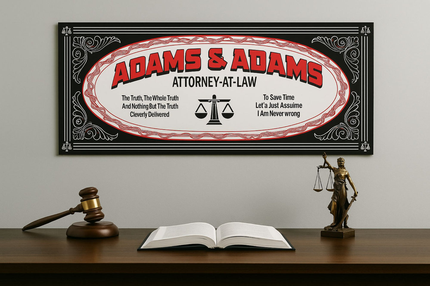 Personalized attorney sign displayed above desk in office setting