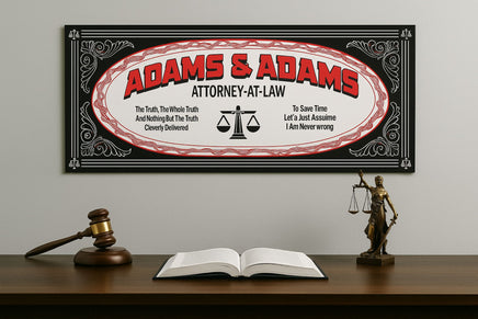 Decorative sign for 'Adams & Adams Attorney-at-Law' with gavel and statue on a desk.