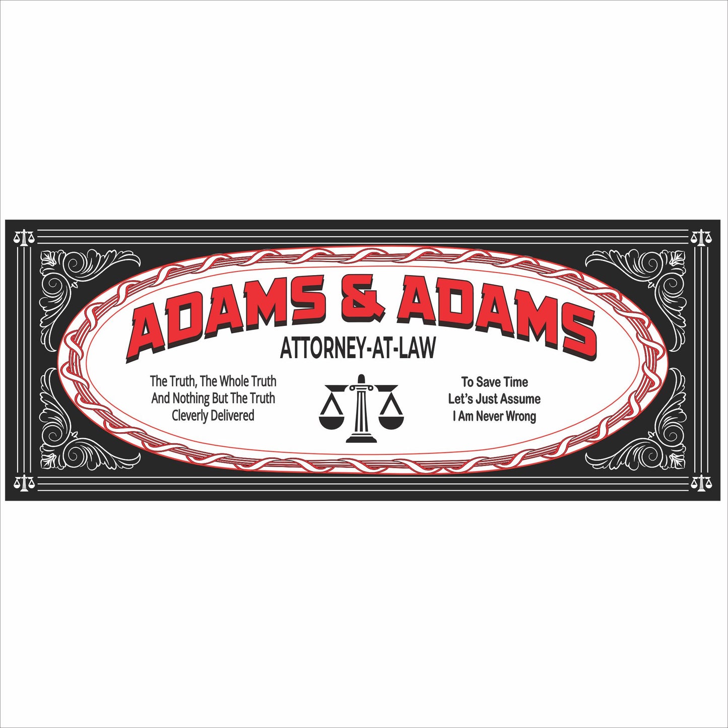 Personalized attorney at law sign with vintage black and red design printed on rigid PVC