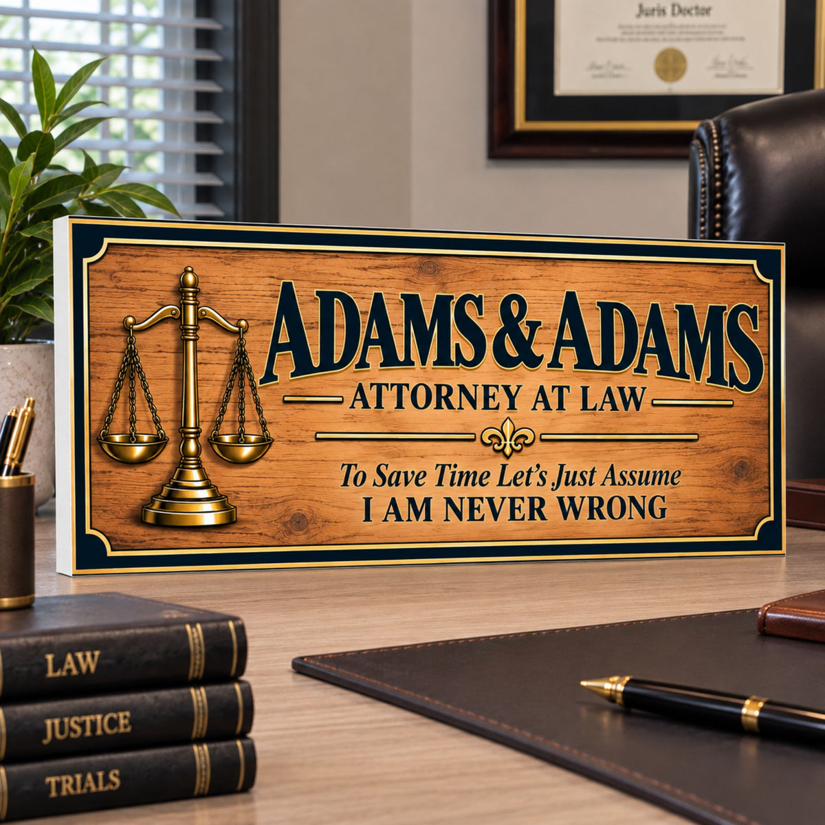 Personalized attorney at law sign displayed on a professional law office desk, featuring custom law firm name, scales of justice and humorous lawyer saying on 1/2-inch rigid PVC.