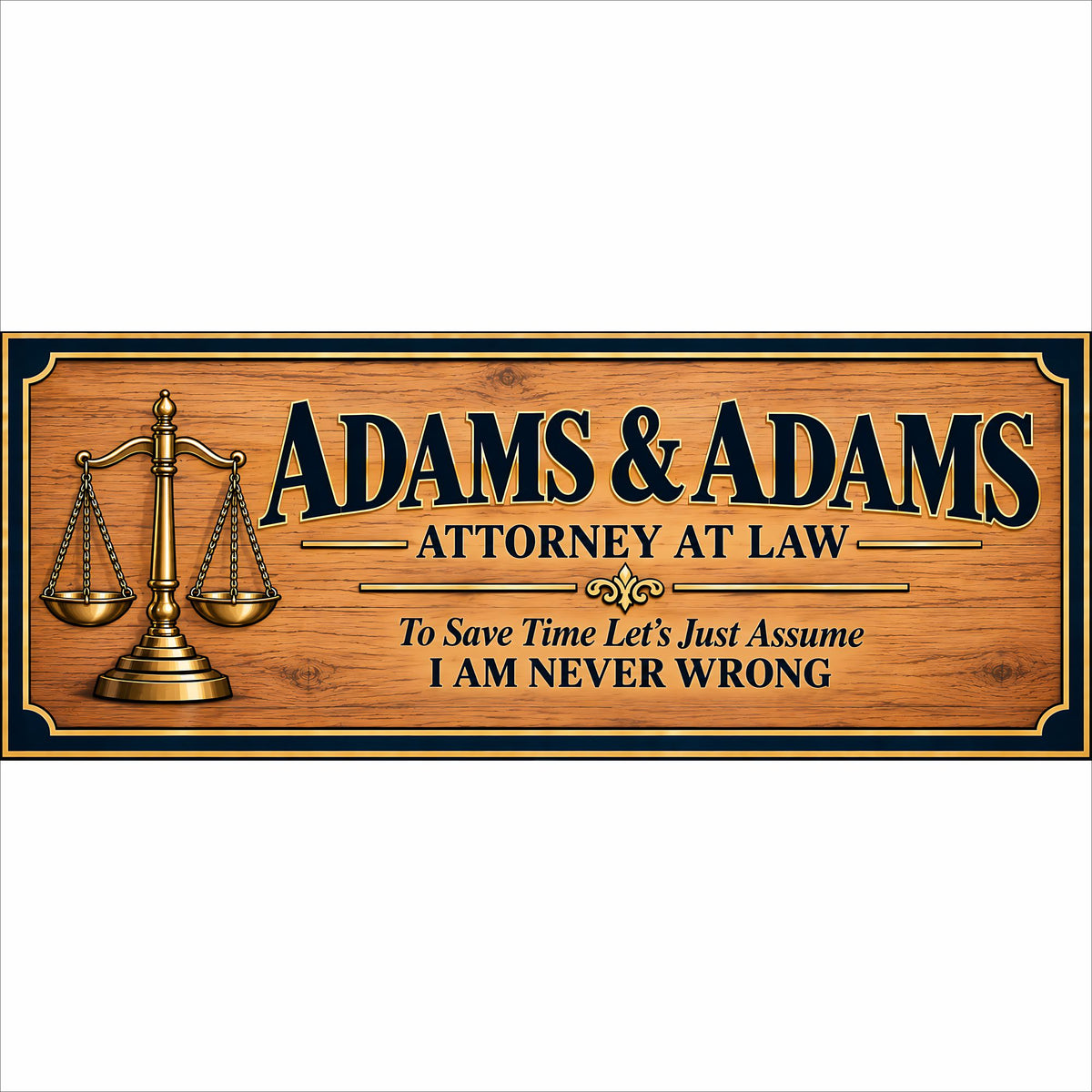 Custom attorney office sign displayed on professional law office desk with personalized law firm name and scales of justice.