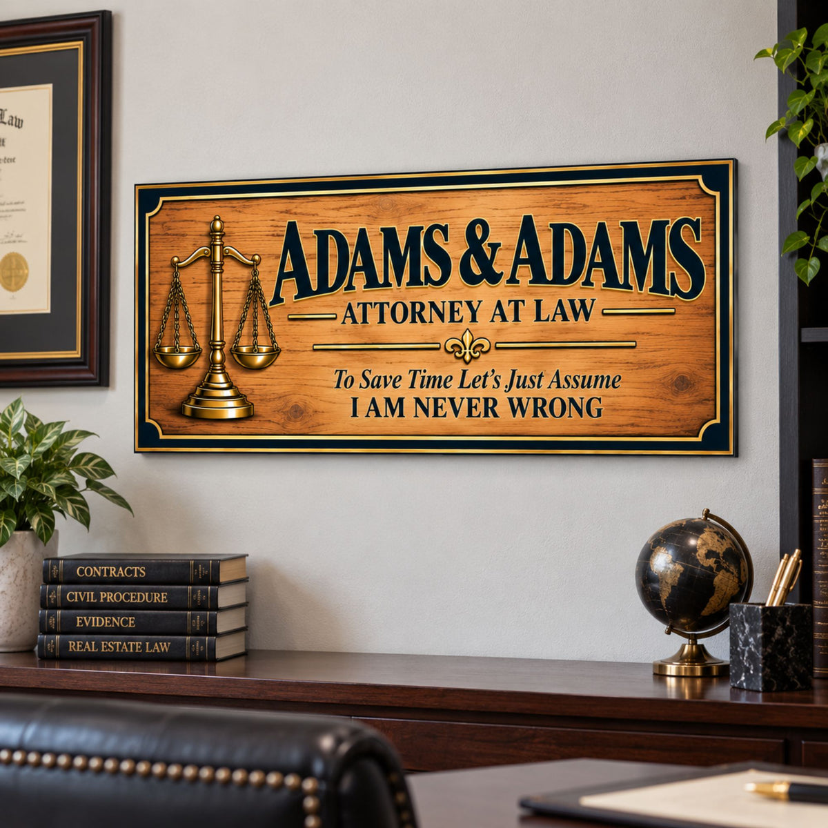 Personalized lawyer sign displayed on professional office wall with custom name, scales of justice and humorous attorney saying.