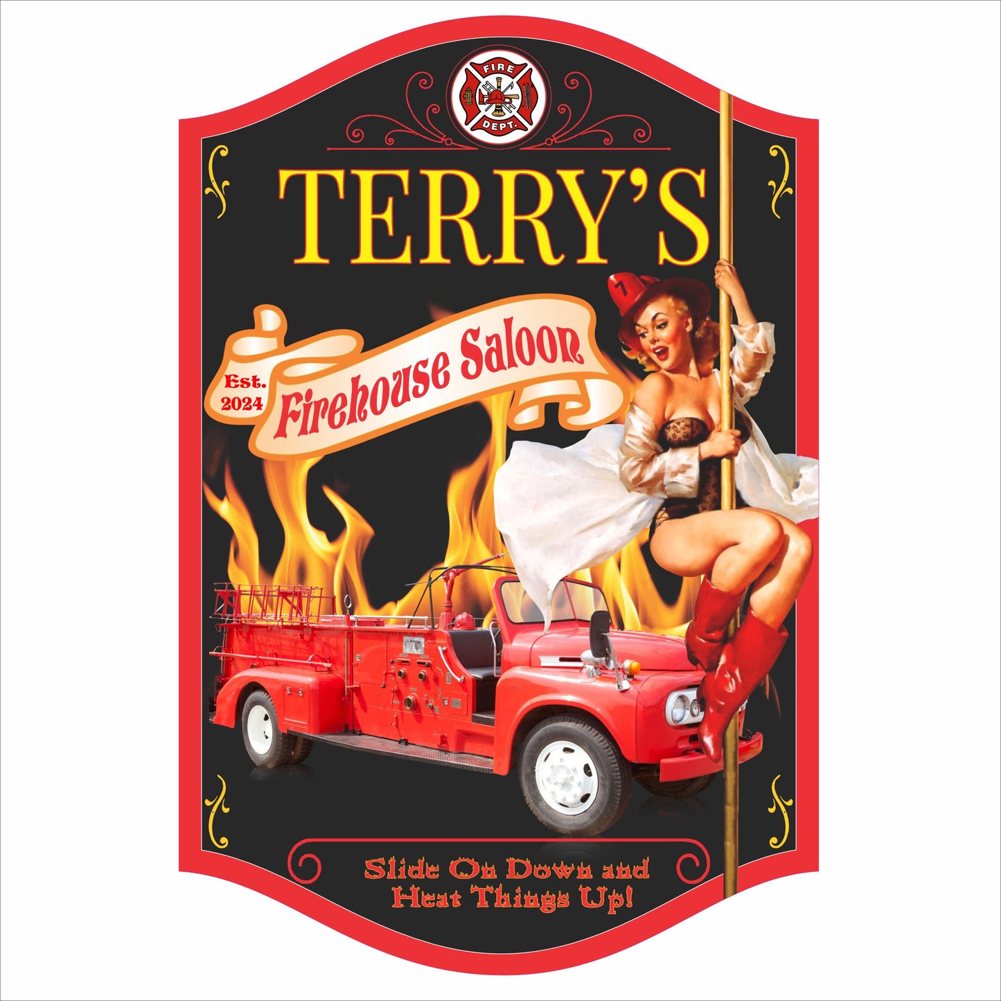 Personalized firehouse saloon sign with vintage pin-up artwork and custom bar name