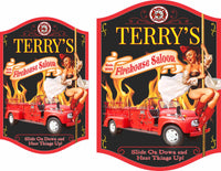 Personalized firehouse saloon sign featuring a vintage pinup girl on a fireman's pole and a firetruck in flames, with editable text. Perfect for home bars, man caves, or themed rooms.
