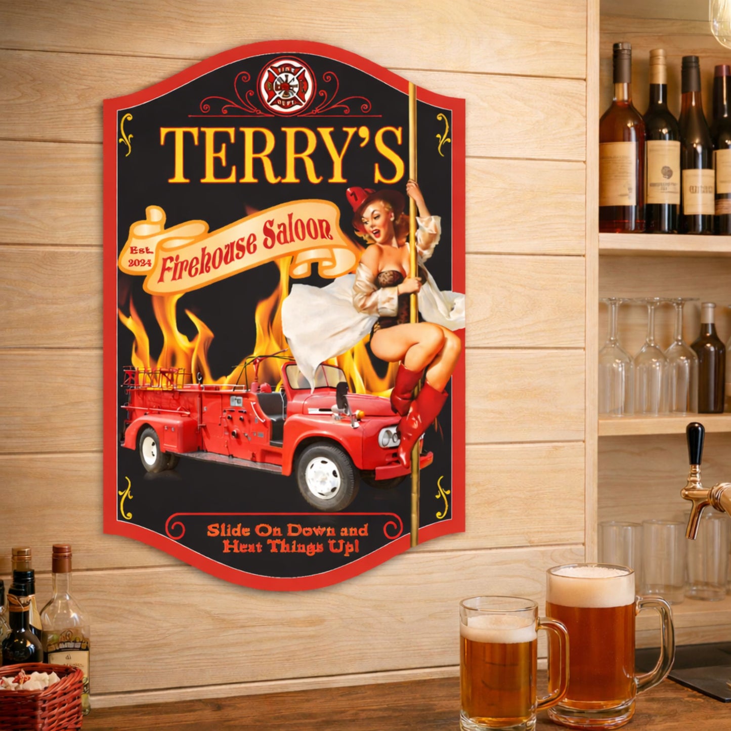 Firehouse saloon wall sign displayed inside bar or game room setting