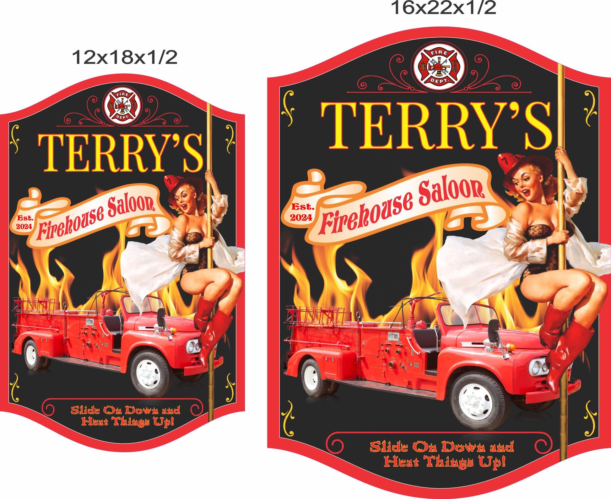 Firehouse saloon sign shown in 12x18 and 16x22 size options for scale reference