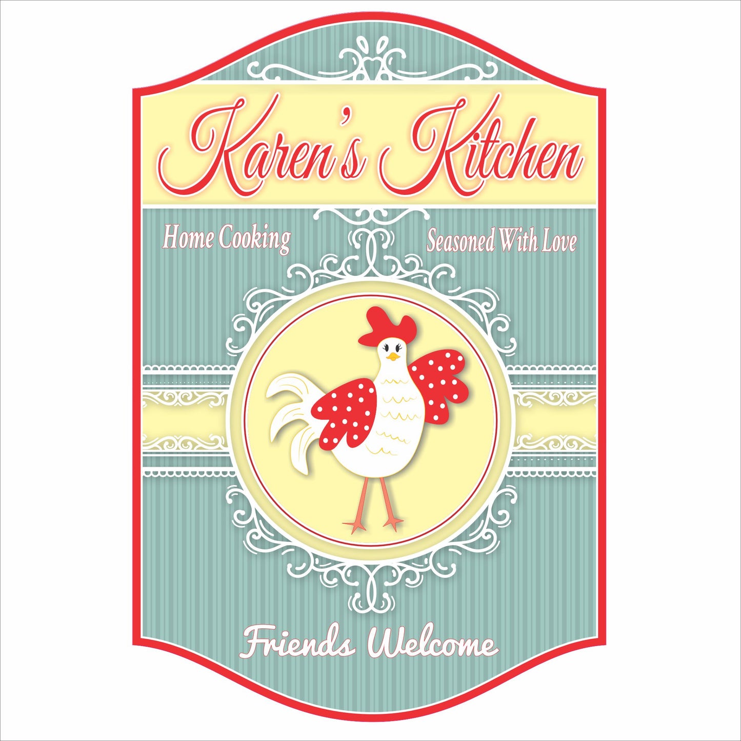 Personalized chicken kitchen sign with vintage rooster and custom family name