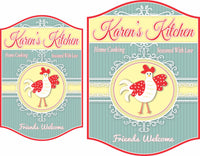 Personalized vintage-style kitchen sign featuring a cute country chicken on a yellow background with elegant white flourishes, and phrases like "Home Cooking" on a striped blue background. All text is editable.