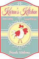 Personalized vintage-style kitchen sign featuring a cute country chicken on a yellow background with elegant white flourishes, and phrases like "Home Cooking" on a striped blue background. All text is editable.