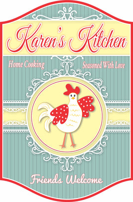Personalized vintage-style kitchen sign featuring a cute country chicken on a yellow background with elegant white flourishes, and phrases like "Home Cooking" on a striped blue background. All text is editable.