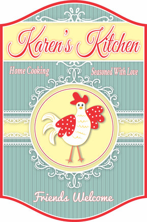 Personalized vintage-style kitchen sign featuring a cute country chicken on a yellow background with elegant white flourishes, and phrases like "Home Cooking" on a striped blue background. All text is editable.