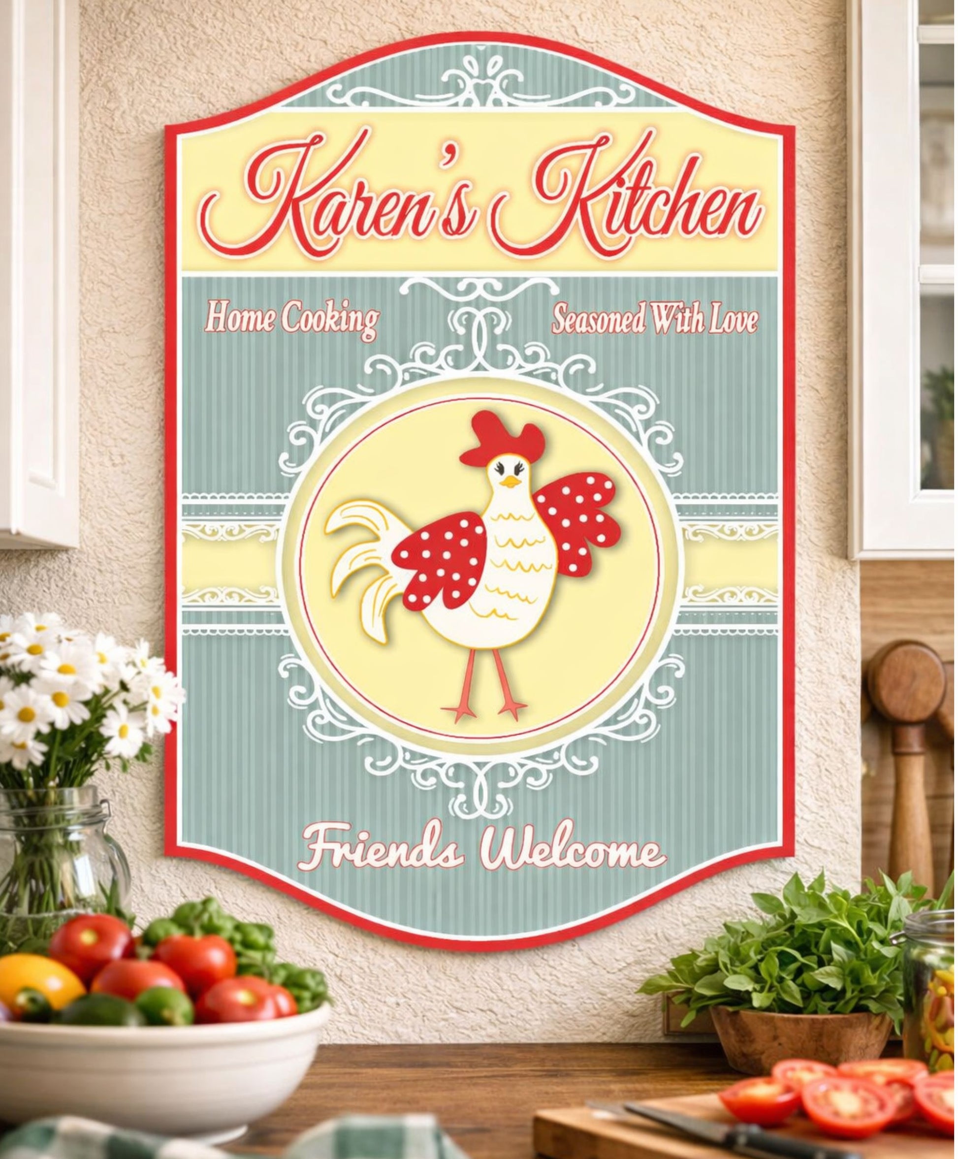 Farmhouse kitchen wall sign displayed in cozy cooking space
