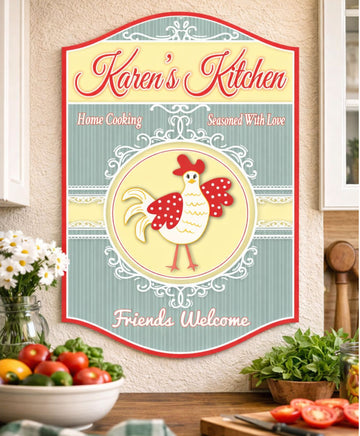 Farmhouse kitchen wall sign displayed in cozy cooking space