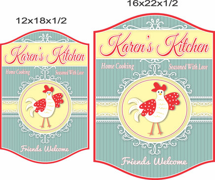 Chicken kitchen sign shown in 12x18 and 16x22 size options for scale reference