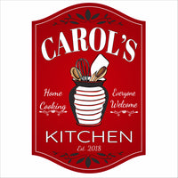 Personalized kitchen sign with family name and decorative utensil design