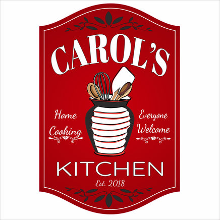 Personalized kitchen sign with family name and decorative utensil design