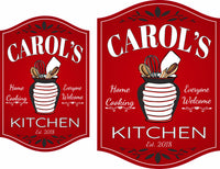 Personalized kitchen sign featuring a utensil holder with a whisk, spoons, and spatula. Editable text for customization. Perfect for adding charm to any kitchen.