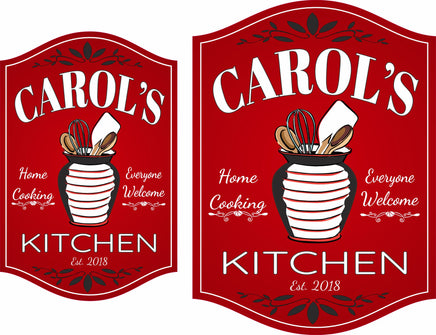 Personalized kitchen sign featuring a utensil holder with a whisk, spoons, and spatula. Editable text for customization. Perfect for adding charm to any kitchen.