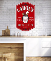 Personalized kitchen sign featuring a utensil holder with a whisk, spoons, and spatula. Editable text for customization. Perfect for adding charm to any kitchen.
