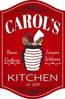 Personalized kitchen sign featuring a utensil holder with a whisk, spoons, and spatula. Editable text for customization. Perfect for adding charm to any kitchen.