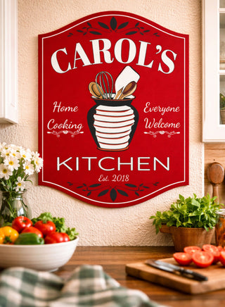 Custom kitchen wall sign displayed in home cooking space
