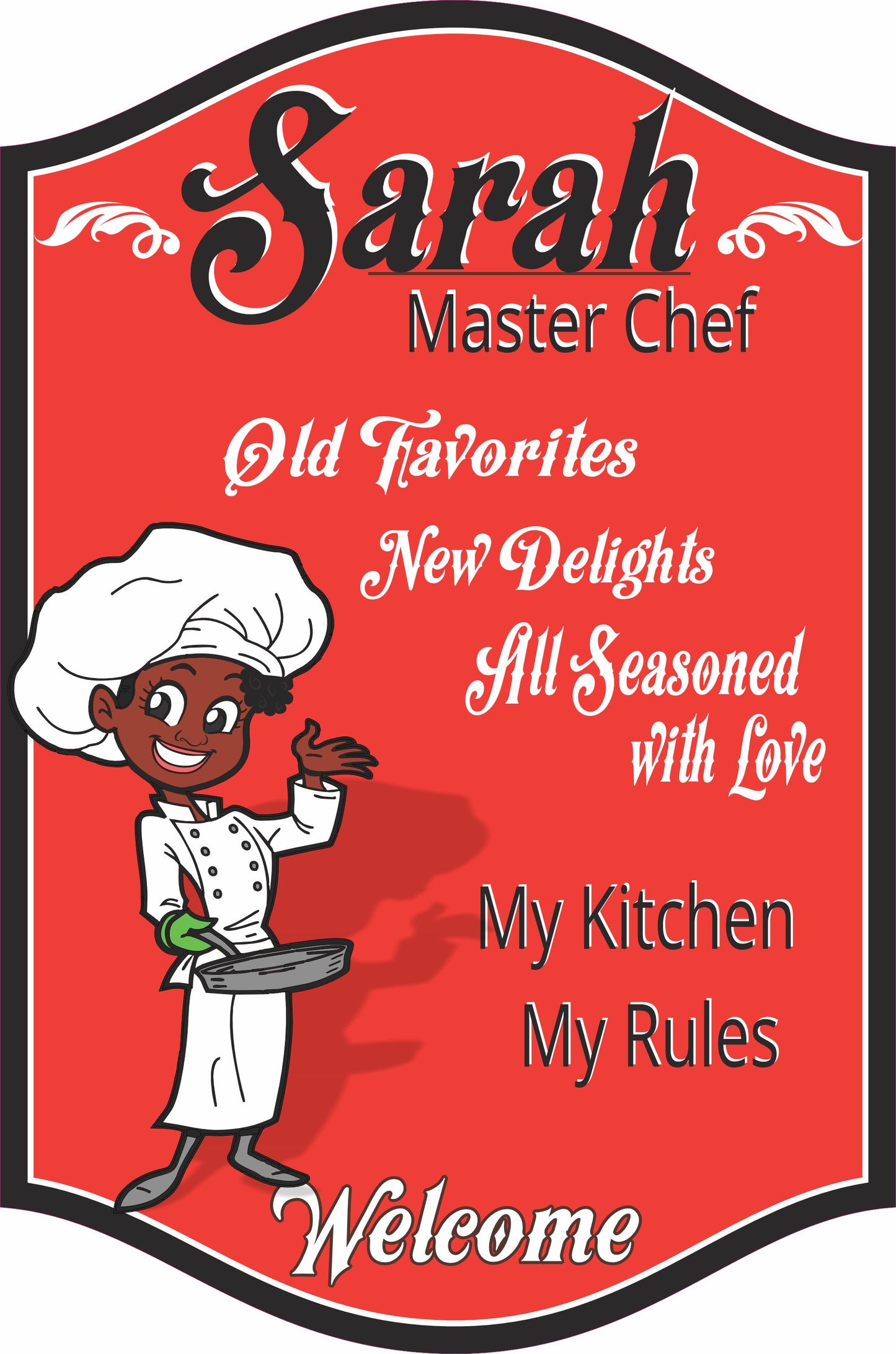 Personalized master chef kitchen sign with custom name and dark-skinned female chef character