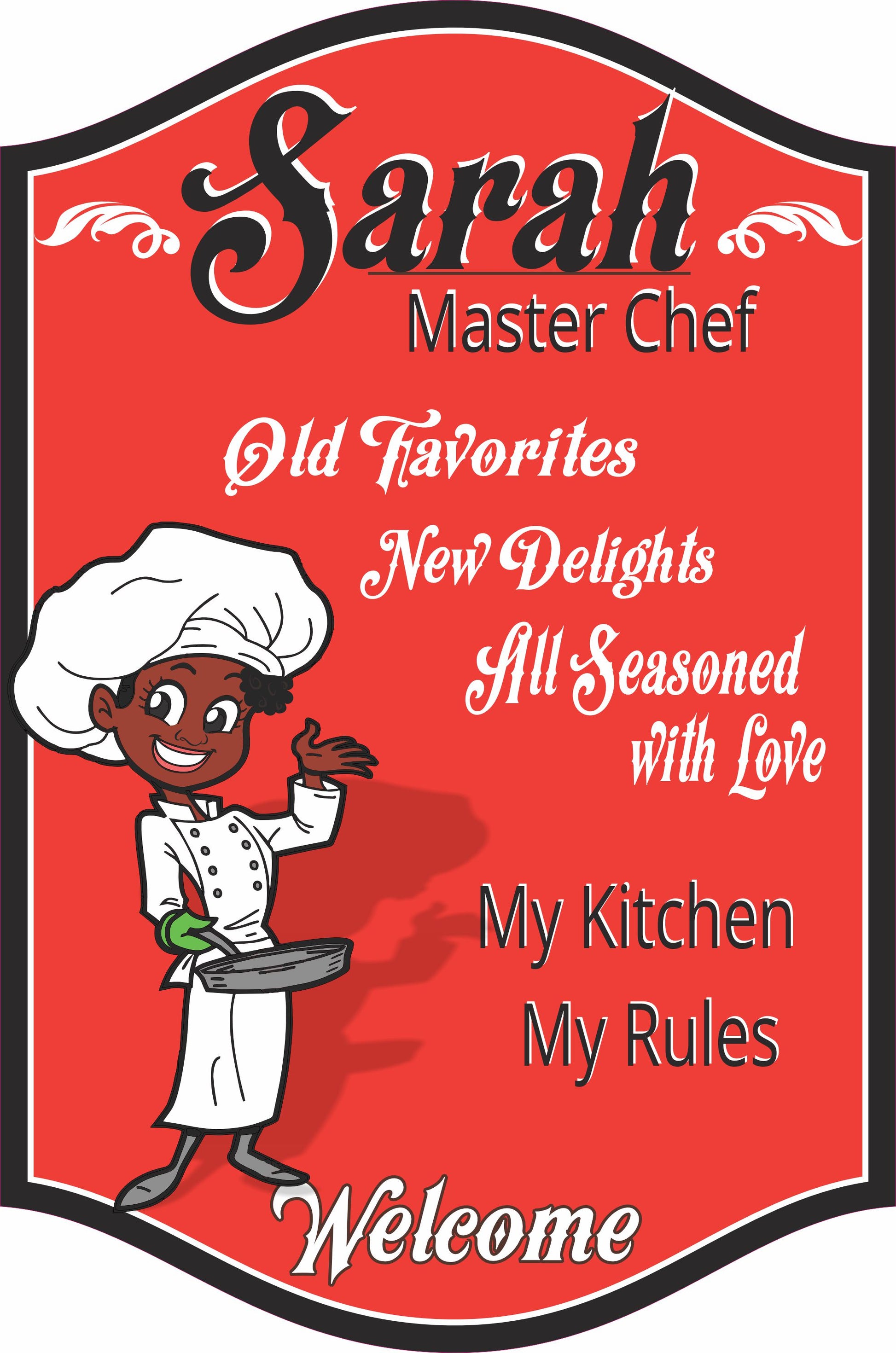 Personalized master chef kitchen sign with custom name and dark-skinned female chef character