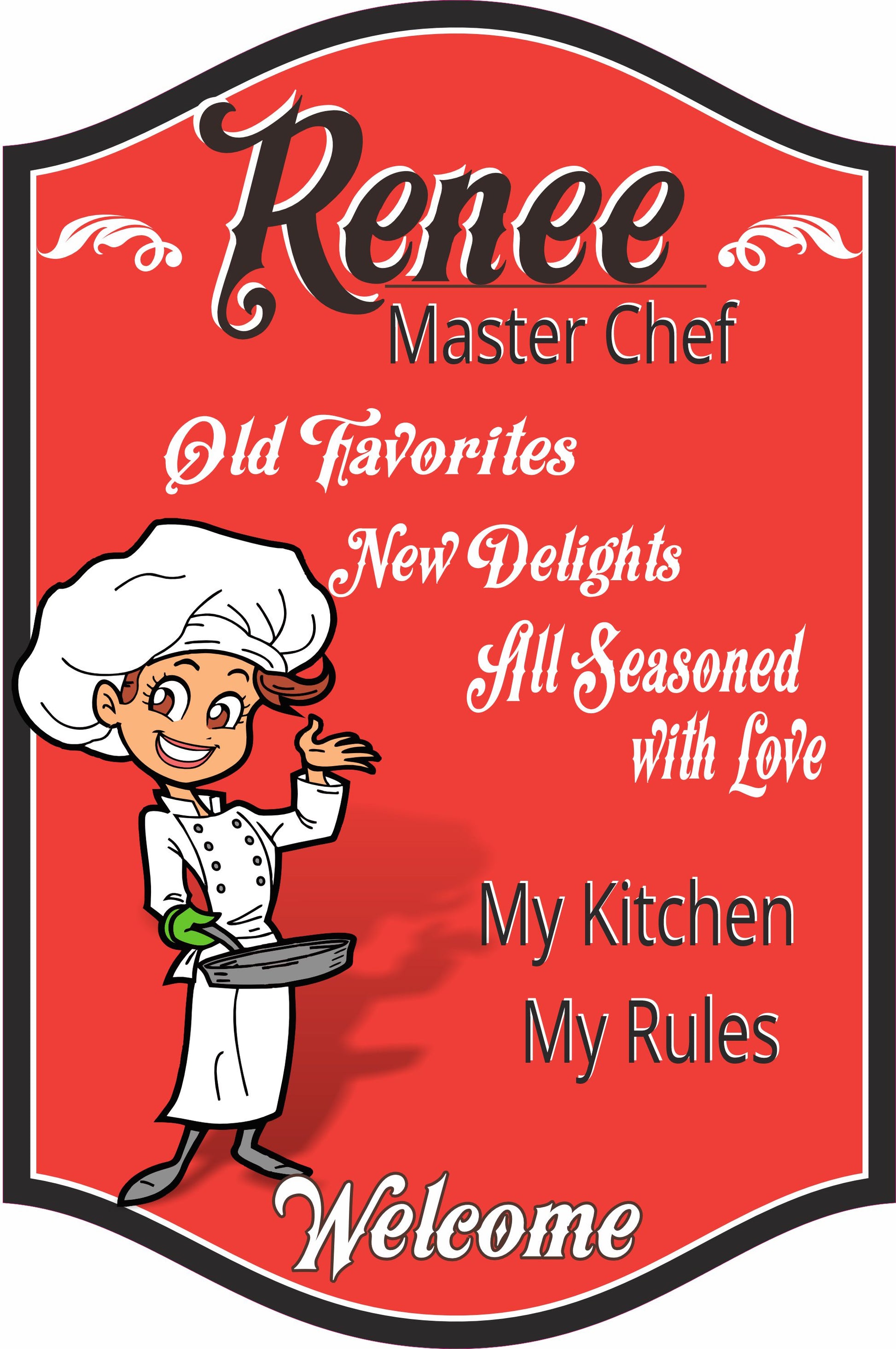 Personalized master chef kitchen sign with custom name and female chef character