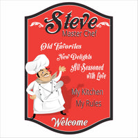 Personalized master chef kitchen sign with custom name and cartoon chef