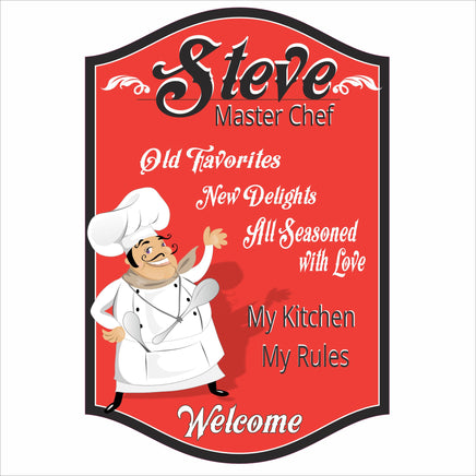 Personalized master chef kitchen sign with custom name and cartoon chef