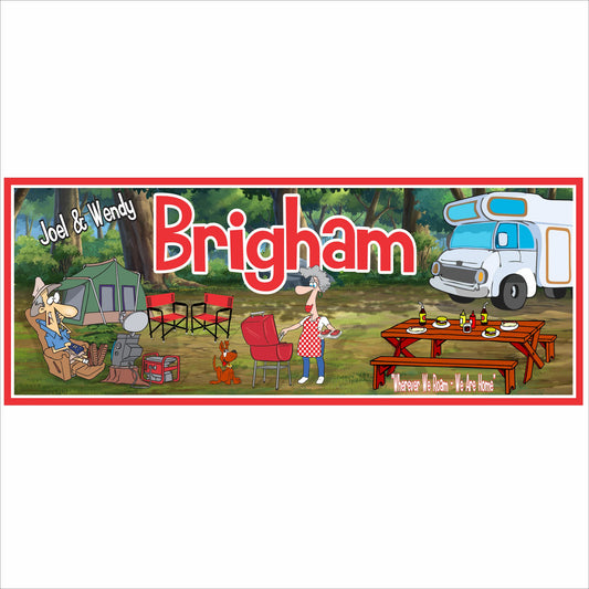 Personalized camping sign with RV illustration and custom family name printed on rigid PVC