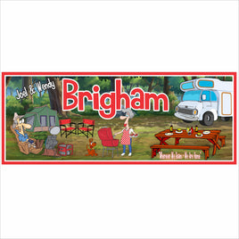 Personalized camping sign with RV illustration and custom family name printed on rigid PVC