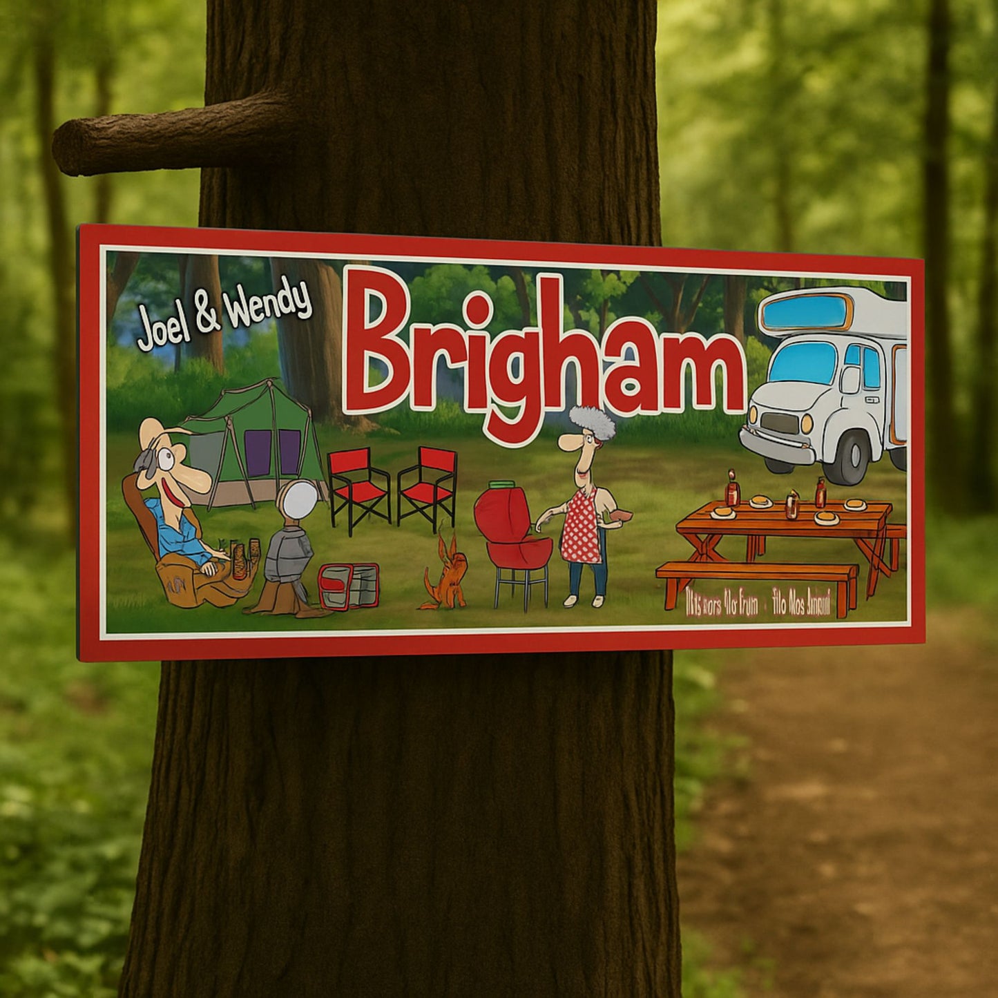 Custom RV camping sign displayed on a tree at a campsite with outdoor seating